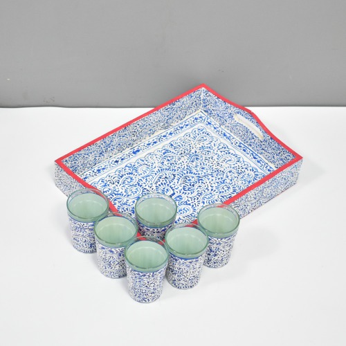 White And Blue Design Glass with Handle and Handicraft Serving Tray Set | Wooden White Meenakari Tray