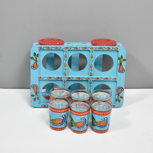 Traditional Hand-Painted Design Blue Colourful Decorative Tea Glass And Tray Showpiece