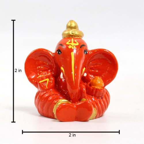 Lord Ganesha Glossy Finish Idol for Car Dash Board Statue Ganpati Figurine God of Luck- Small Red And Orange