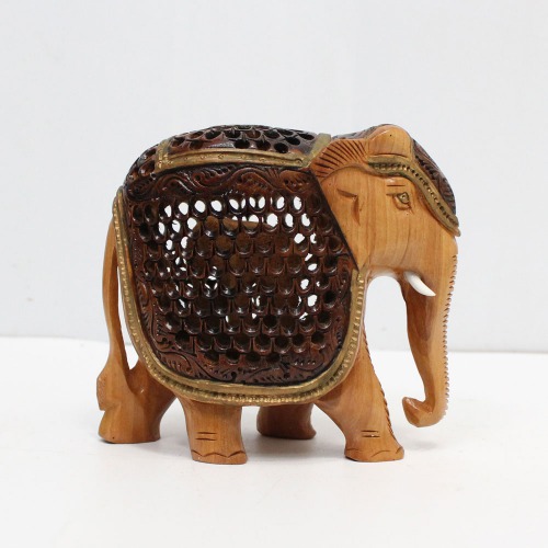 Attractive Wood Carving Handmade Elephant With Baby Elephant Undercut Statue With Howdah Palanquin Animal Showpiece