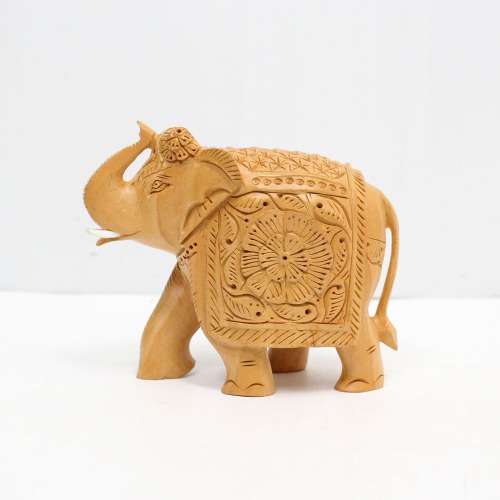 Brown Colour Wood Elephant Up Trunk Statue Flower Design Carving Figurine Showpiece Gifts For Home Decor