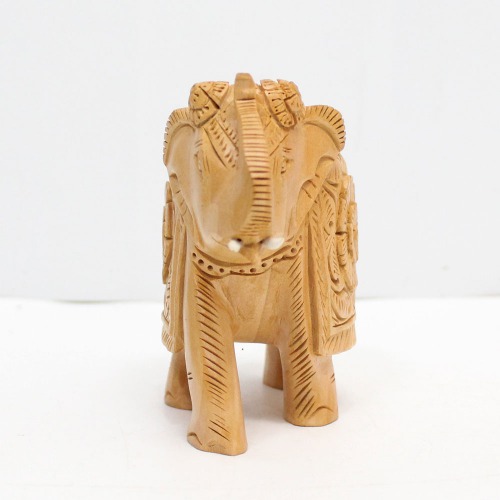 Brown Colour Wood Elephant Up Trunk Statue Flower Design Carving Figurine Showpiece Gifts For Home Decor