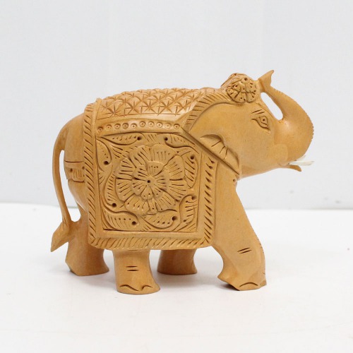 Brown Colour Wood Elephant Up Trunk Statue Flower Design Carving Figurine Showpiece Gifts For Home Decor