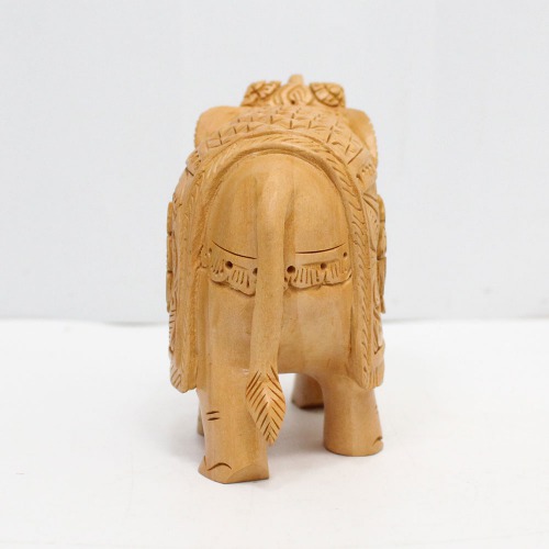 Brown Colour Wood Elephant Up Trunk Statue Flower Design Carving Figurine Showpiece Gifts For Home Decor