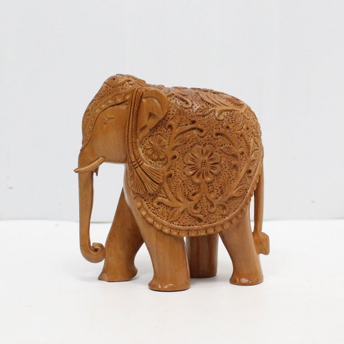 Wood Elephant Down Trunk Statue Flower Design Carving Figurine Showpiece Gifts For Home Decor Living Room