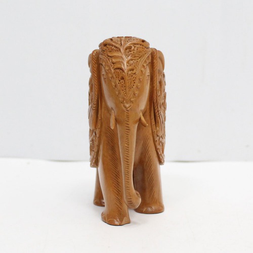 Wood Elephant Down Trunk Statue Flower Design Carving Figurine Showpiece Gifts For Home Decor Living Room
