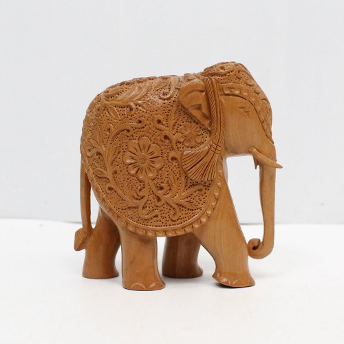 Wood Elephant Down Trunk Statue Flower Design Carving Figurine Showpiece Gifts For Home Decor Living Room