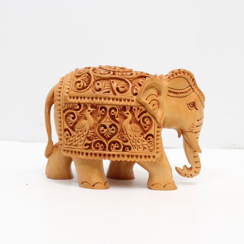 Wood Elephant Down Trunk Statue Peacock Design Carving Figurine Showpiece Gifts For Home Decor | Decor | Office Decor