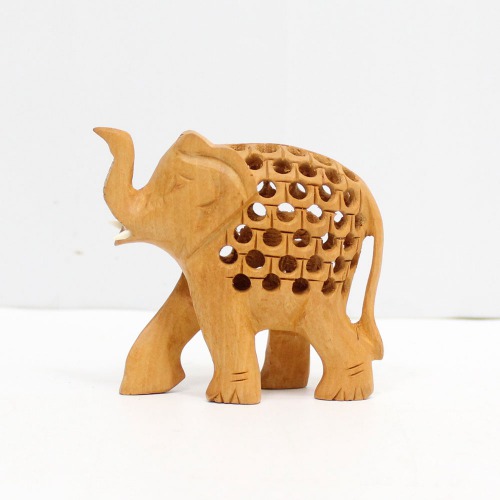 Handicraft Elephant Carved in Wood Up Trunk(soond) And Jaali Carving In 3 inch Size For Decoration and Gift.