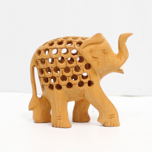 Handicraft Elephant Carved in Wood Up Trunk(soond) And Jaali Carving In 3 inch Size For Decoration and Gift.