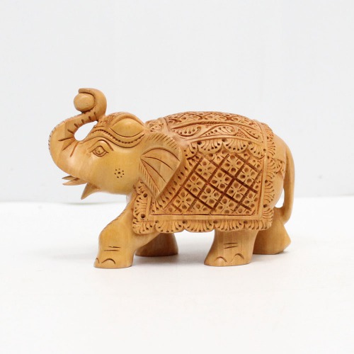 Handicraft Elephant Carved in Wood Up Trunk(soond) And Zalar Carving In 3 inch Size For Decoration and Gift.