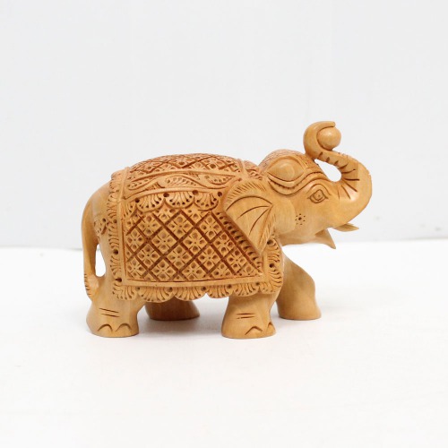 Handicraft Elephant Carved in Wood Up Trunk(soond) And Zalar Carving In 3 inch Size For Decoration and Gift.