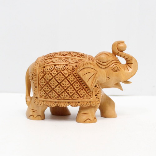 Handicraft Elephant Carved in Wood Up Trunk(soond) And Zalar Carving In 3 inch Size For Decoration and Gift.