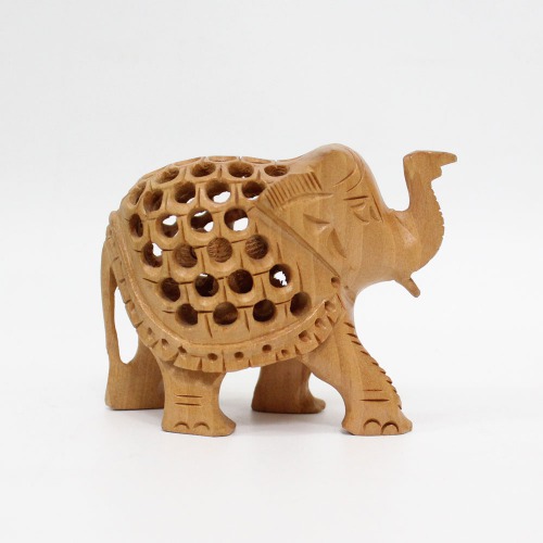 Handicrafts Wooden Jaali Carved Elephant Statue Figure Showpiece for Home Decor (Brown)