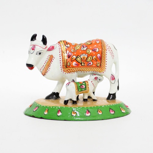 Metal Meenakari Cow with Calf Statue Home Decorative Showpiece with Vastu Positivity Energy and Productivity