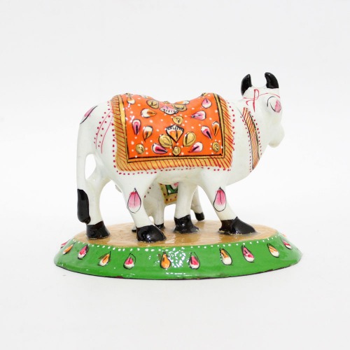 Metal Meenakari Cow with Calf Statue Home Decorative Showpiece with Vastu Positivity Energy and Productivity