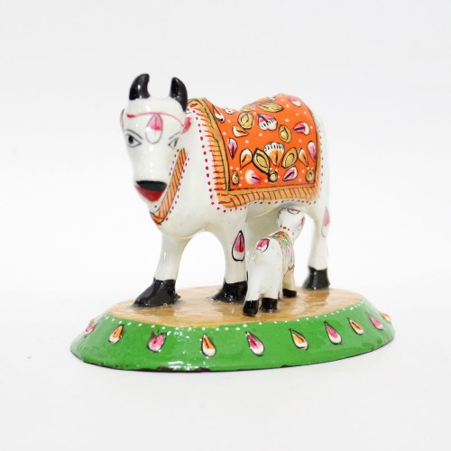 Metal Meenakari Cow with Calf Statue Home Decorative Showpiece with Vastu Positivity Energy and Productivity