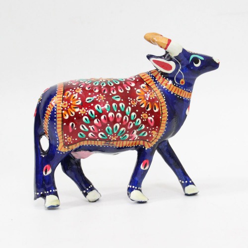 Meenakari Hand Enamelled Kamdhenu Krishna Cow Religious Blue Showpiece Figurine Idol Home Office Decor