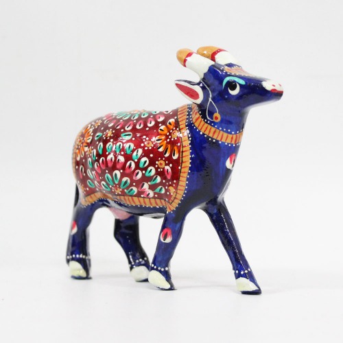 Meenakari Hand Enamelled Kamdhenu Krishna Cow Religious Blue Showpiece Figurine Idol Home Office Decor