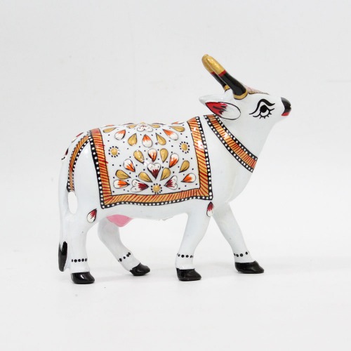 Meenakari Hand Enamelled Kamdhenu Krishna Cow Religious Showpiece Figurine Idol Home Temple Office Decor