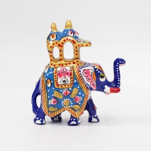 Elephant Statue Handpainted Animal Figurine Metal Trunk Up Elephant Handmade Decorative Showpiece