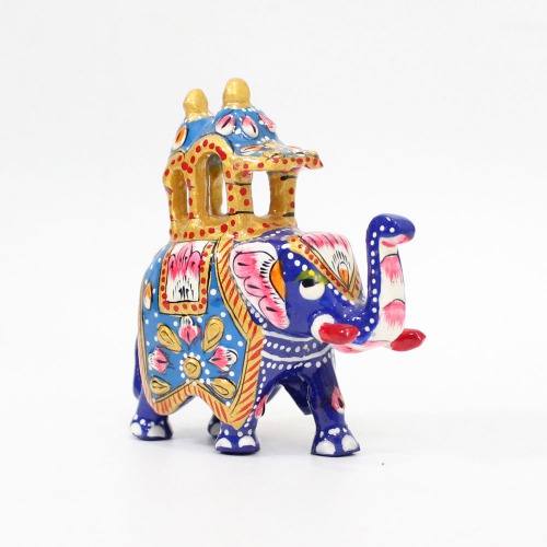 Elephant Statue Handpainted Animal Figurine Metal Trunk Up Elephant Handmade Decorative Showpiece