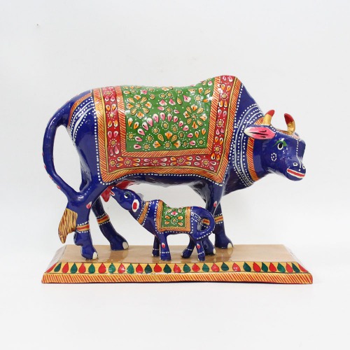 Metal Beautiful Kamdhenu Cow and Calf Idol Showpiece with Meenakari Work