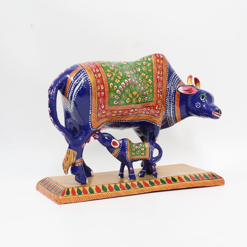 Metal Beautiful Kamdhenu Cow and Calf Idol Showpiece with Meenakari Work