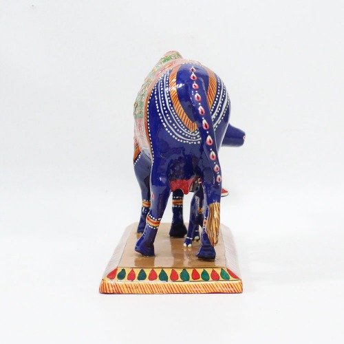 Metal Beautiful Kamdhenu Cow and Calf Idol Showpiece with Meenakari Work