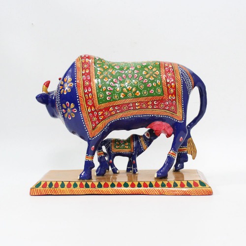 Metal Beautiful Kamdhenu Cow and Calf Idol Showpiece with Meenakari Work