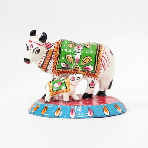 Small Size Metal Meenakari Cow with Calf Statue Home Decorative Showpiece with Vastu Positivity Energy