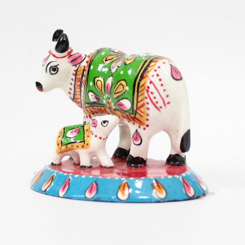 Small Size Metal Meenakari Cow with Calf Statue Home Decorative Showpiece with Vastu Positivity Energy