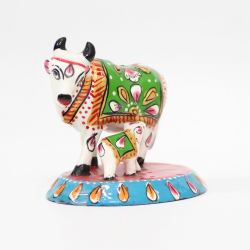 Small Size Metal Meenakari Cow with Calf Statue Home Decorative Showpiece with Vastu Positivity Energy