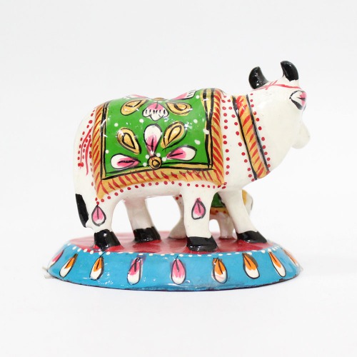 Small Size Metal Meenakari Cow with Calf Statue Home Decorative Showpiece with Vastu Positivity Energy