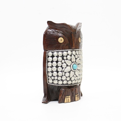 Attractive Handcrafted Wooden Owl With Silver Design Showpiece | Figurine for Home & Office Decor and Gift