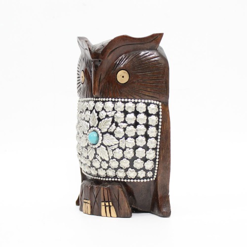 Attractive Handcrafted Wooden Owl With Silver Design Showpiece | Figurine for Home & Office Decor and Gift