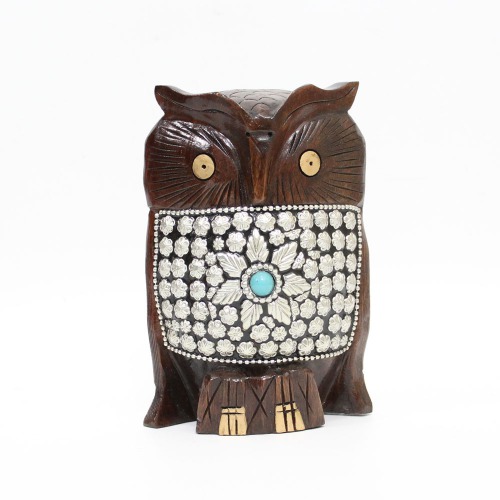 Attractive Handcrafted Wooden Owl With Silver Design Showpiece | Figurine for Home & Office Decor and Gift