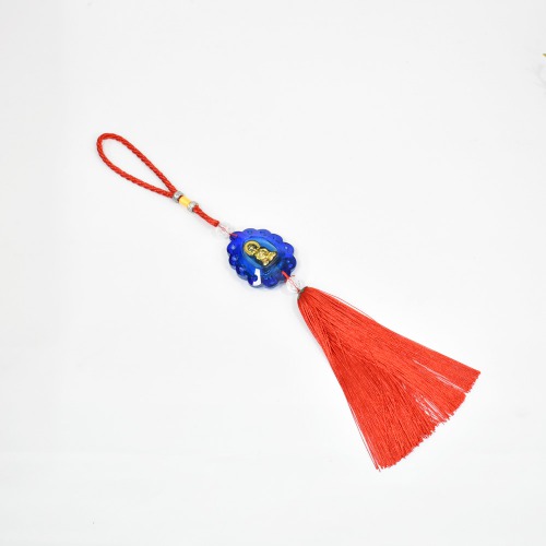 Gautam Buddha Red And Blue Tibetan Wind Chime Resham Thread Car Rear View Mirror Decor Ornament