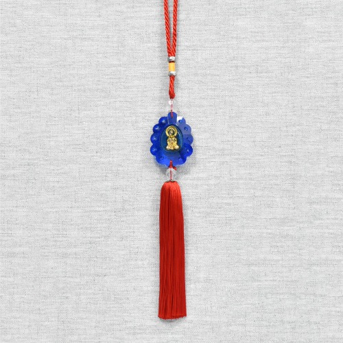 Gautam Buddha Red And Blue Tibetan Wind Chime Resham Thread Car Rear View Mirror Decor Ornament