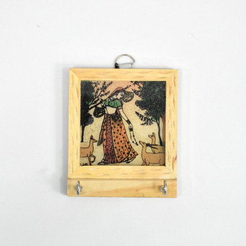 Rajasthani Lady Standing With Deer Theam Gemstone Painting Key Holder | Key Holder | Decor | Wall Hanging