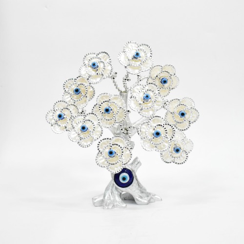 Blue Evil Eye Silver Coated Flower Fortune Tree For Decor