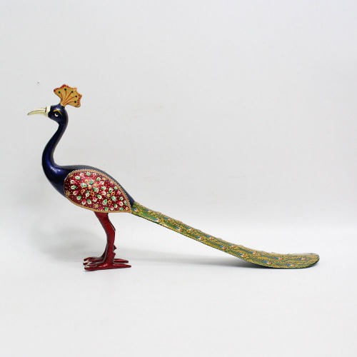 Blue Colour Metal Handicraft Meenakari Peacock with Long tail With Enamel Painting Showpiece