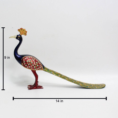 Blue Colour Metal Handicraft Meenakari Peacock with Long tail With Enamel Painting Showpiece