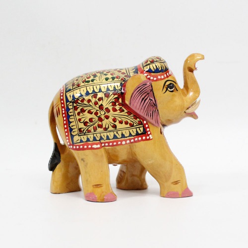 Wooden Handmade 4 Inches Elephant Showpiece for Home Decor I Brown Color Down Trunk Good Luck Statue