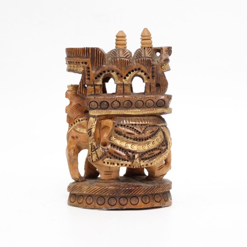 Wood Carving Handmade Ambabari Elephant Undercut Statue with Howdah Palanquin Animal Figurines Showpiece(Brown)