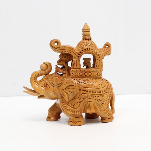 Handicrafts Wooden Carving Ambari Elephant Figurine | Wooden Handmade Elephant Statue for Home Decor