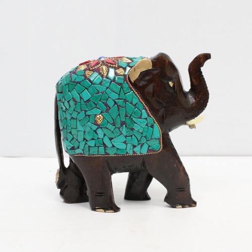 Green Stone Work Wood Elephant Up Trunk Statue Design Carving Figurine Showpiece Gifts For Home Decor | Decor