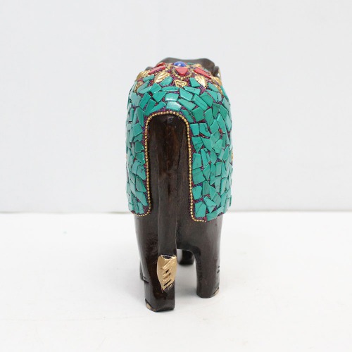 Green Stone Work Wood Elephant Up Trunk Statue Design Carving Figurine Showpiece Gifts For Home Decor | Decor
