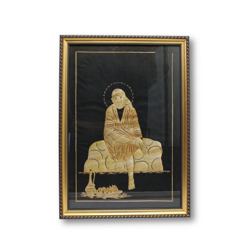 Sai Baba Wooden Texture in Black Metal Photo Frame ( 21 x 15 inches)| For Home Decor| Puja Ghar