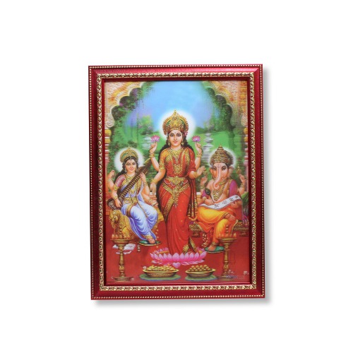 Laxmi Ganesh Saraswati Bhagwan Frame Sitting on Lotus | Ganpati Frame For Home Office